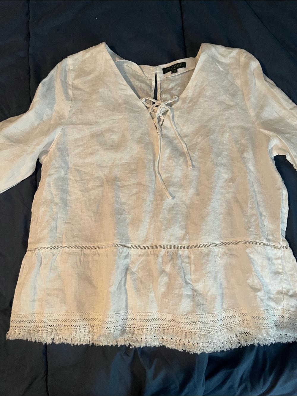 For Cynthia White Lace-Trim Linen Peasant Blouse